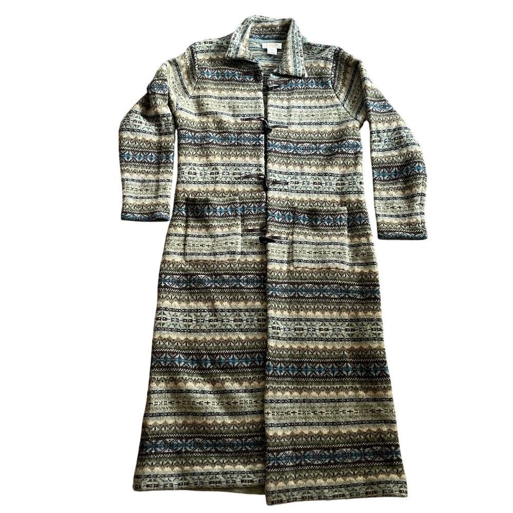 TALBOTS Petite Nordic Fair-Isle Sweater Coat Horn-Toggle Button Lambswool-Small
